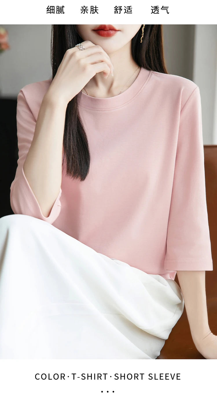 Spring And Summer New White Mercerized Cotton Short Sleeve T-Shirt Feminine Joker Cotton Cropped Sleeve Bottoming Shirt