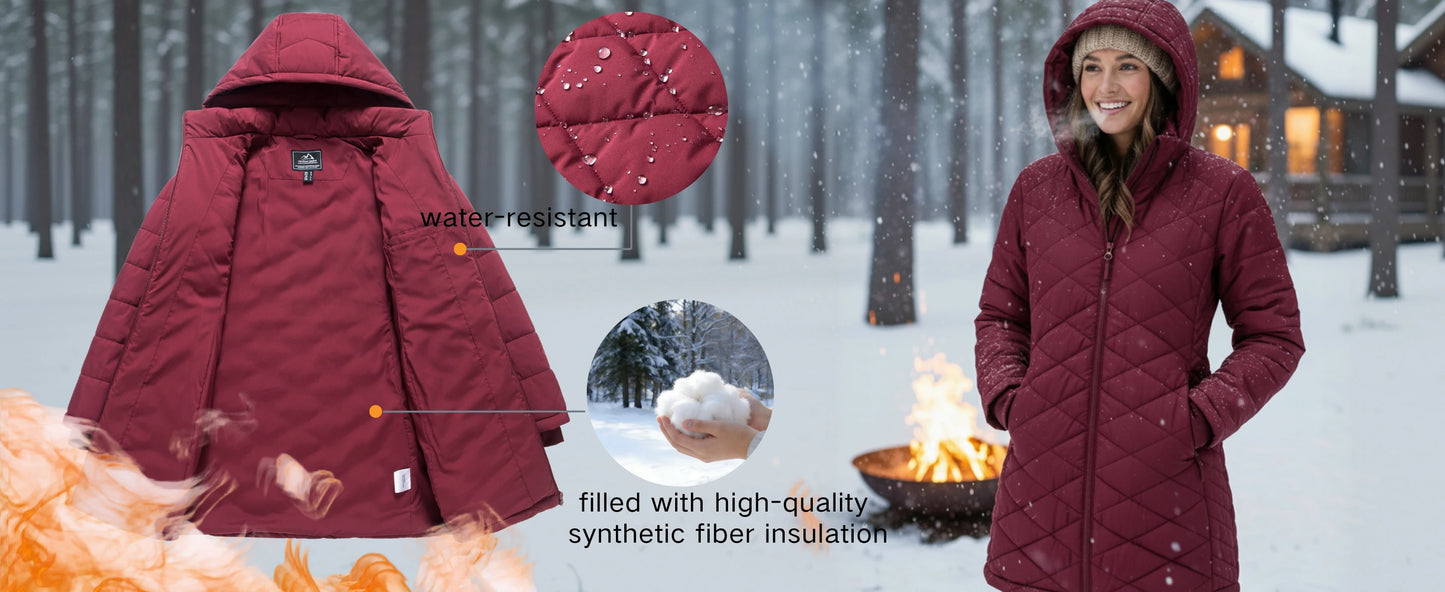 TACVASEN Womens Long Quilted Puffer Hood Jackets Winter Lightweight Warm Insulated Coat Windproof Waterproof Parkas with Pockets