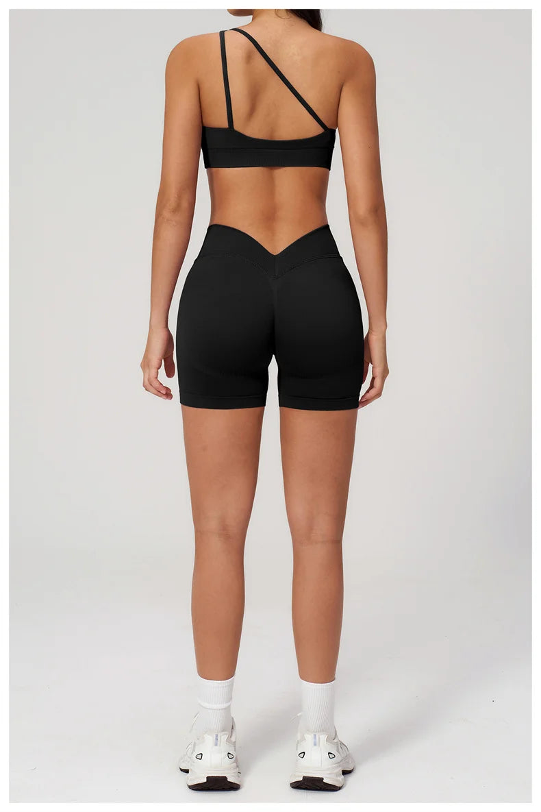 TRY TO BN Seamless Two Pieces Women's Tracksuit Yoga Shorts Set One-shoulder Hollow Backless Fitness Running Workout Gym Clothes
