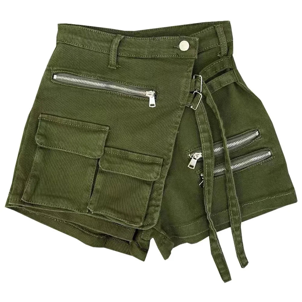DEAT Fashion Women's Denim Shorts High Waist Zipper Lace Strap Pockets Fake 2 Pcs Green Shorts Skirts Summer 2024 New 17A6200