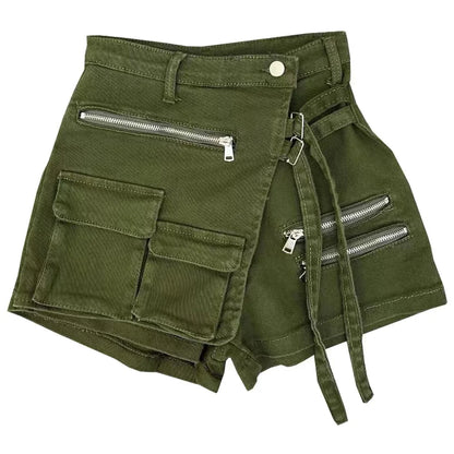 DEAT Fashion Women's Denim Shorts High Waist Zipper Lace Strap Pockets Fake 2 Pcs Green Shorts Skirts Summer 2024 New 17A6200
