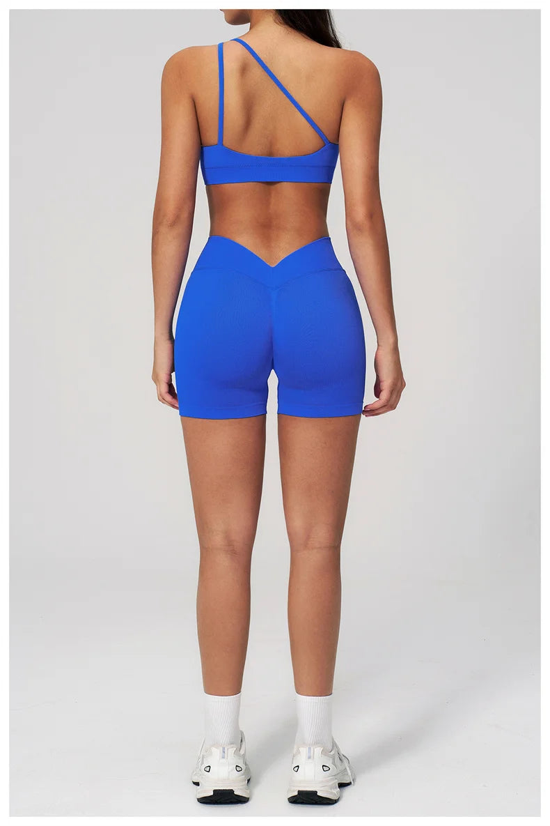 TRY TO BN Seamless Two Pieces Women's Tracksuit Yoga Shorts Set One-shoulder Hollow Backless Fitness Running Workout Gym Clothes