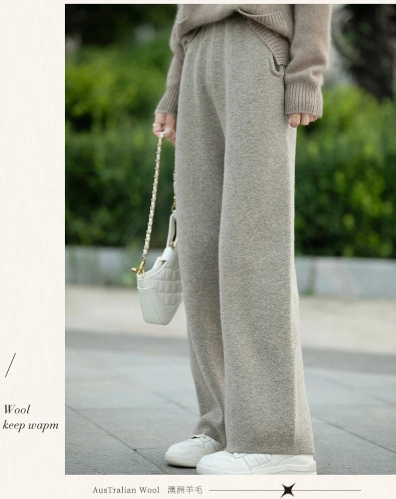 DjzDsm Women's 100% Merino Wool Wide Leg Straight Leg Pants Autumn Winter Thickened Comfortable Fit Trousers