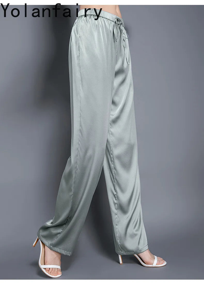 YOLANFAIRY Casual Wide Leg Pants Summer 95% Real Mulberry Silk Women's Pants Korean Loose Trousers Woman Silk Pants Full Length