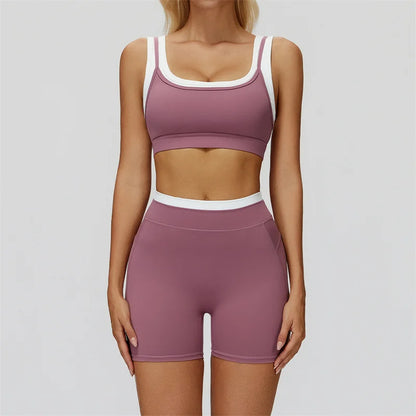 TRY TO BN Yoga Shorts Sets Women's Tracksuit Two Fake Pieces Sports Ribbed Contrasting Color Workout Running Fitness Gym Clothes
