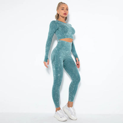 Women Seamless Tracksuit Yoga Set 2PCS Workout Clothes Athletic Wear Gym Legging Fitness Bra Crop Top Long Sleeve Sports Suits
