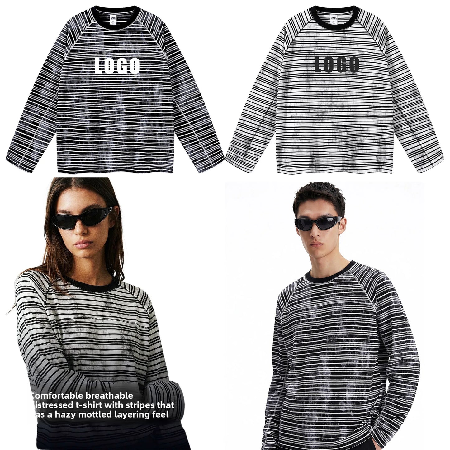 Custom LOGO Men's Cotton Polyester 210G Retro Dirty Dyeing Room Strips Shoulder Rugged Couple Long Sleeve Knitted T-Shirt Top
