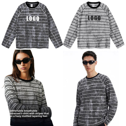 Custom LOGO Men's Cotton Polyester 210G Retro Dirty Dyeing Room Strips Shoulder Rugged Couple Long Sleeve Knitted T-Shirt Top