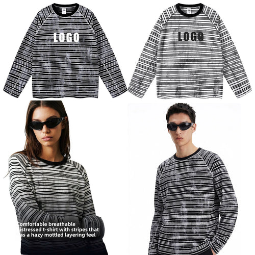 Custom LOGO Men's Cotton Polyester 210G Retro Dirty Dyeing Room Strips Shoulder Rugged Couple Long Sleeve Knitted T-Shirt Top