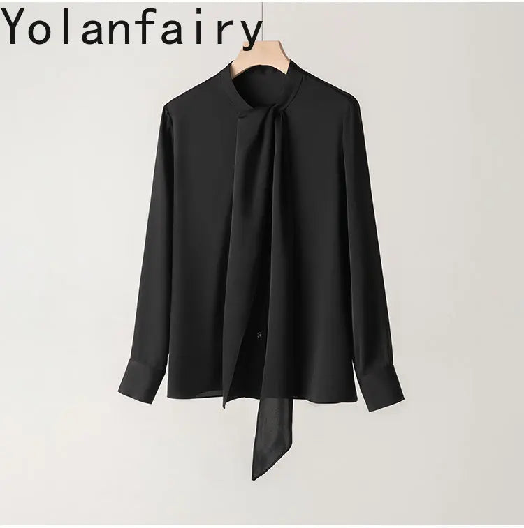 YOLANFAIRY 93% Real Mulberry Silk Shirts for Women Spring 2026 Elegant Solid Long Sleeve Shirt Woman Top Ribbon OL Blouses Trend