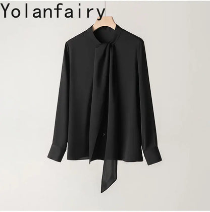 YOLANFAIRY 93% Real Mulberry Silk Shirts for Women Spring 2026 Elegant Solid Long Sleeve Shirt Woman Top Ribbon OL Blouses Trend