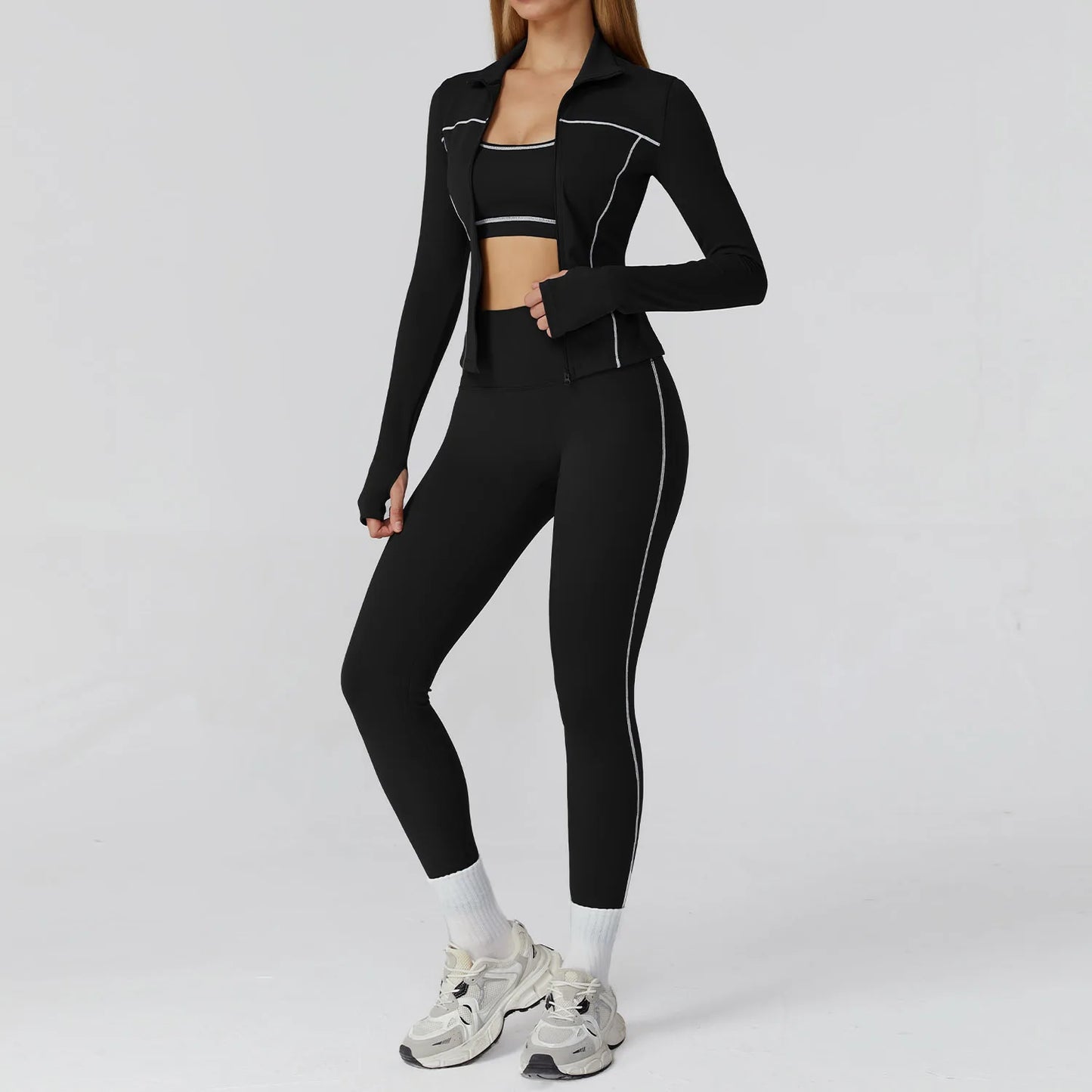 3PCS Yoga Set Women Workout Set 2 Pieces Sportswear Yoga Suit Gym Clothing Fitness Zipper Long Sleeve Sports High Waist Leggings