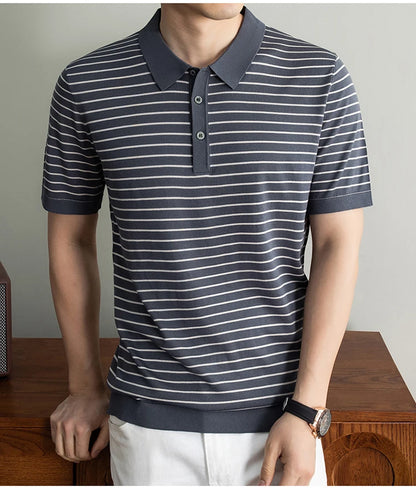 Men's Lyocell shirt summer new casual striped short sleeved T-shirt Polo collar breathable comfortable knitted pullover