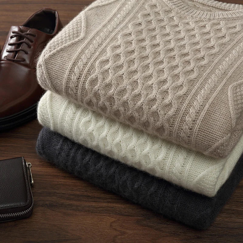 Men's 100% Cashmere Sweater Round Neck Autumn Winter Warm Clothing Jacquard Checkered Pullover Sweater Knitted Bottom Shirt Tops