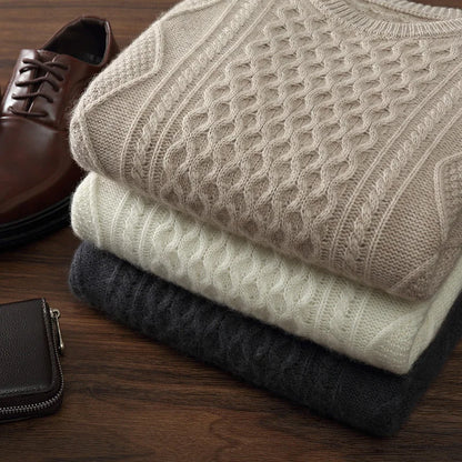 Men's 100% Cashmere Sweater Round Neck Autumn Winter Warm Clothing Jacquard Checkered Pullover Sweater Knitted Bottom Shirt Tops