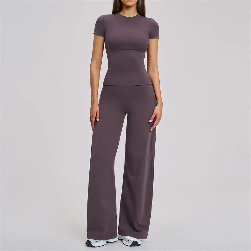 TRY TO BN Women's Tracksuit Two Pieces Yoga Sets Short Sleeve High Waist Leggings Fitness Sportwear Workout Running Gym Clothing