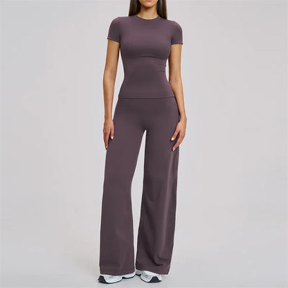TRY TO BN Women's Tracksuit Two Pieces Yoga Sets Short Sleeve High Waist Leggings Fitness Sportwear Workout Running Gym Clothing