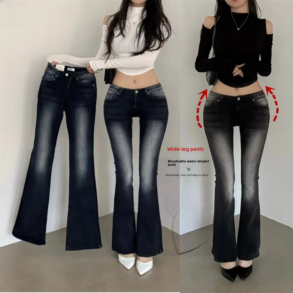 Low Waist Stretchy Slimming Long Legging Effect Bell Bottoms Korean Style Sexy Girl Jeans High Waist Slim Fit Faded Denim