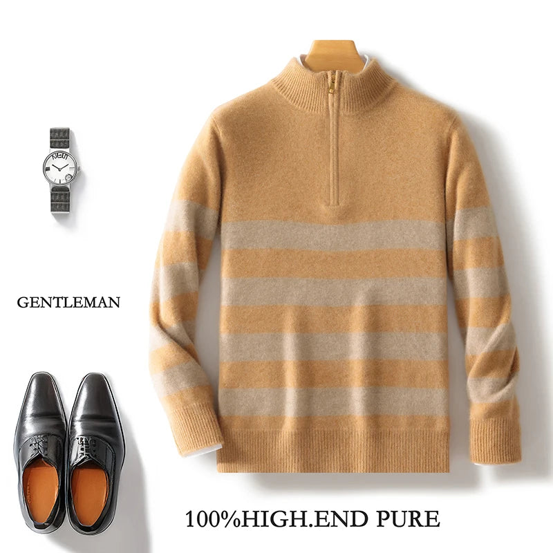 Men's 100% Merino Wool Sweater Half-high Collar Half Zip Thick Pullover Autumn Winter Cashmere Stripe Knitwear Long Sleeved Tops