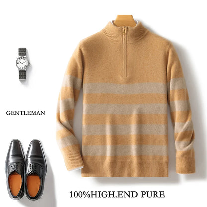 Men's 100% Merino Wool Sweater Half-high Collar Half Zip Thick Pullover Autumn Winter Cashmere Stripe Knitwear Long Sleeved Tops