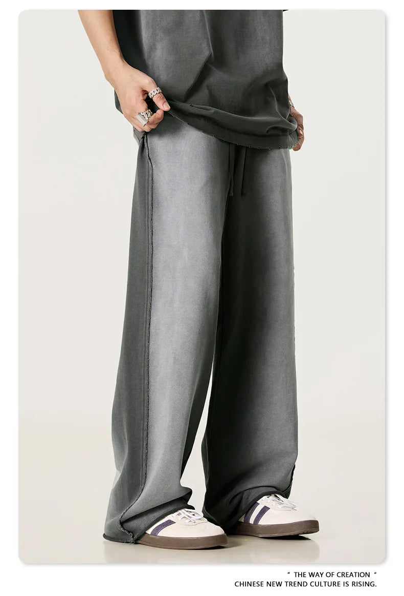 Custom LOGO men's 2025 autumn 370G heavy 100% cotton gradual change hole hooded sweater straight trousers set