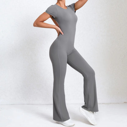 Women's Tracksuit Yoga Set Backless Jumpsuits Back V One Piece Fitness Rompers Short Sleeves Sportswear Gym Set Workout Clothes