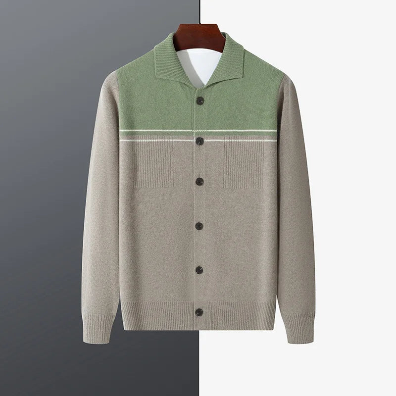 100% Merino Wool Men's Lapel Collar Knit Cardigan Coat 2025 Spring/ Autumn New POLO Neck Business Casual Cashmere Jacket Sweater