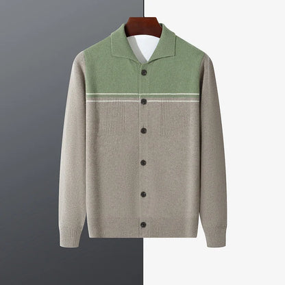 100% Merino Wool Men's Lapel Collar Knit Cardigan Coat 2025 Spring/ Autumn New POLO Neck Business Casual Cashmere Jacket Sweater