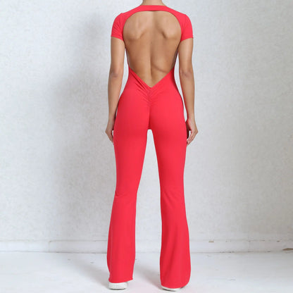 Women's Tracksuit Yoga Set Backless Jumpsuits Back V One Piece Fitness Rompers Short Sleeves Sportswear Gym Set Workout Clothes