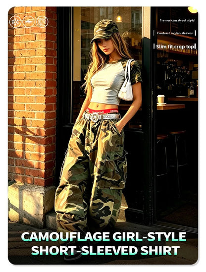 Custom LOGO Women's American Street Spice Girl Camouflage Ragged Short Sleeve T-Shirt 210G Cotton Slim-fit Contrast Top