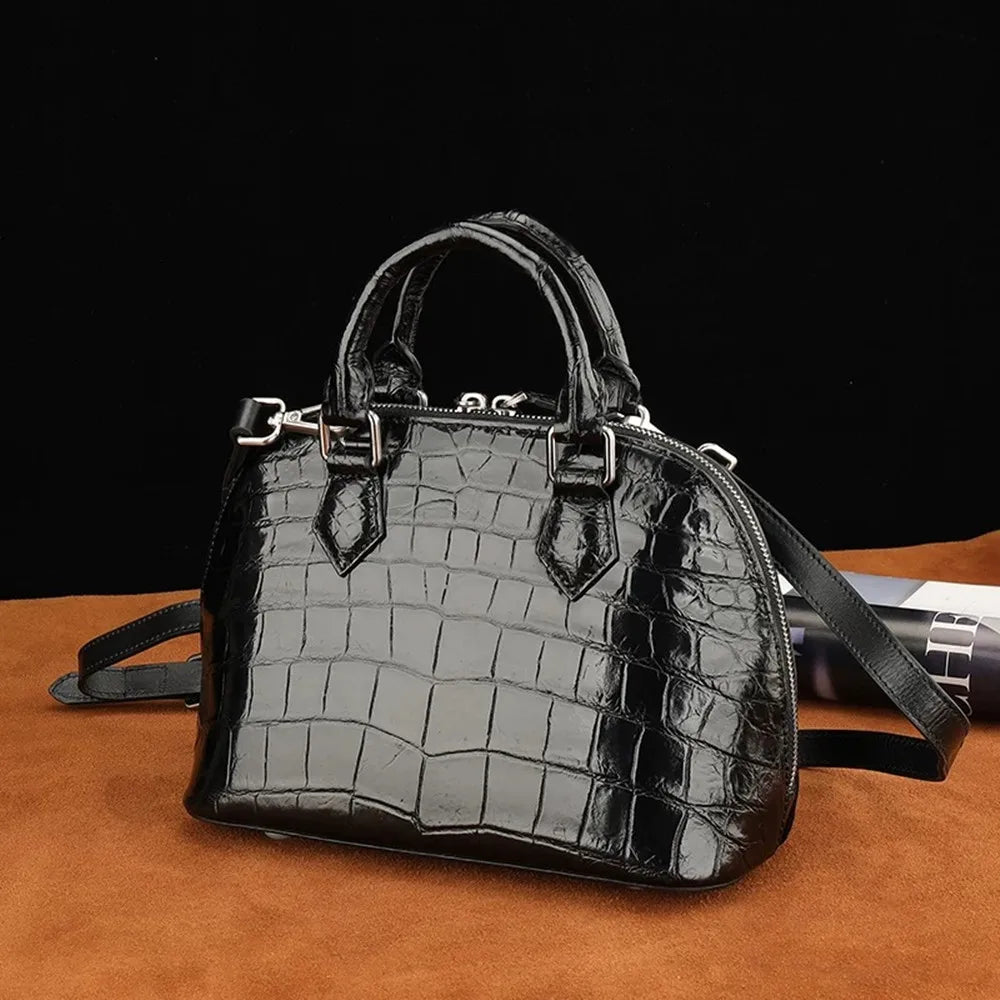 Genuine Crocodile Leather Women's Fashion Handbag, Real Crocodile Leather Zipper Shell Shoulder Bag, Crossbody Bag