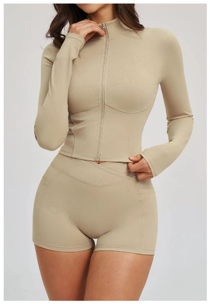 2PCS Yoga Suit Women's Tracksuit Gym Clothing Sportswear Female Workout Long Sleeve Sports Suit High Waist Cycling Shorts Set