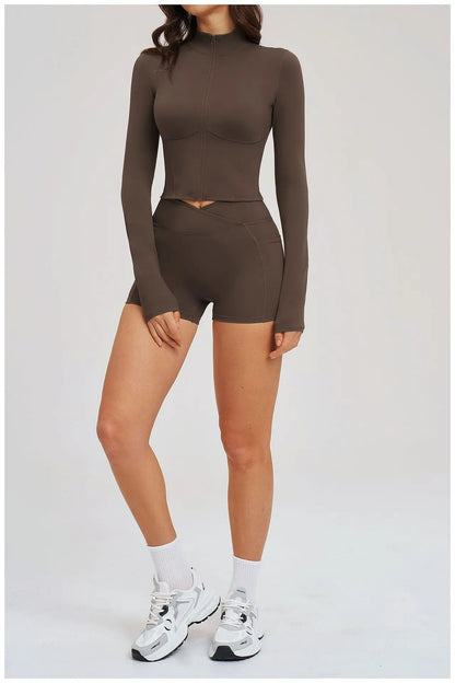 2PCS Yoga Suit Women's Tracksuit Gym Clothing Sportswear Female Workout Long Sleeve Sports Suit High Waist Cycling Shorts Set