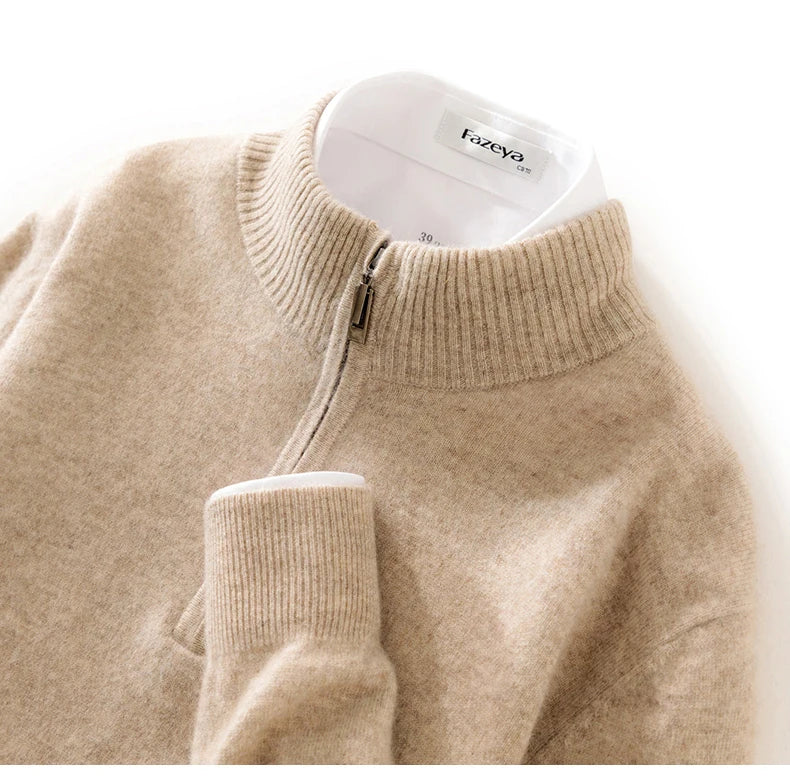 High-end 100% Cashmere Pullover for Men Mock Collar Thick Sweater Autumn Winter Knitted Jumper Warm Clothing Smart Casual Top