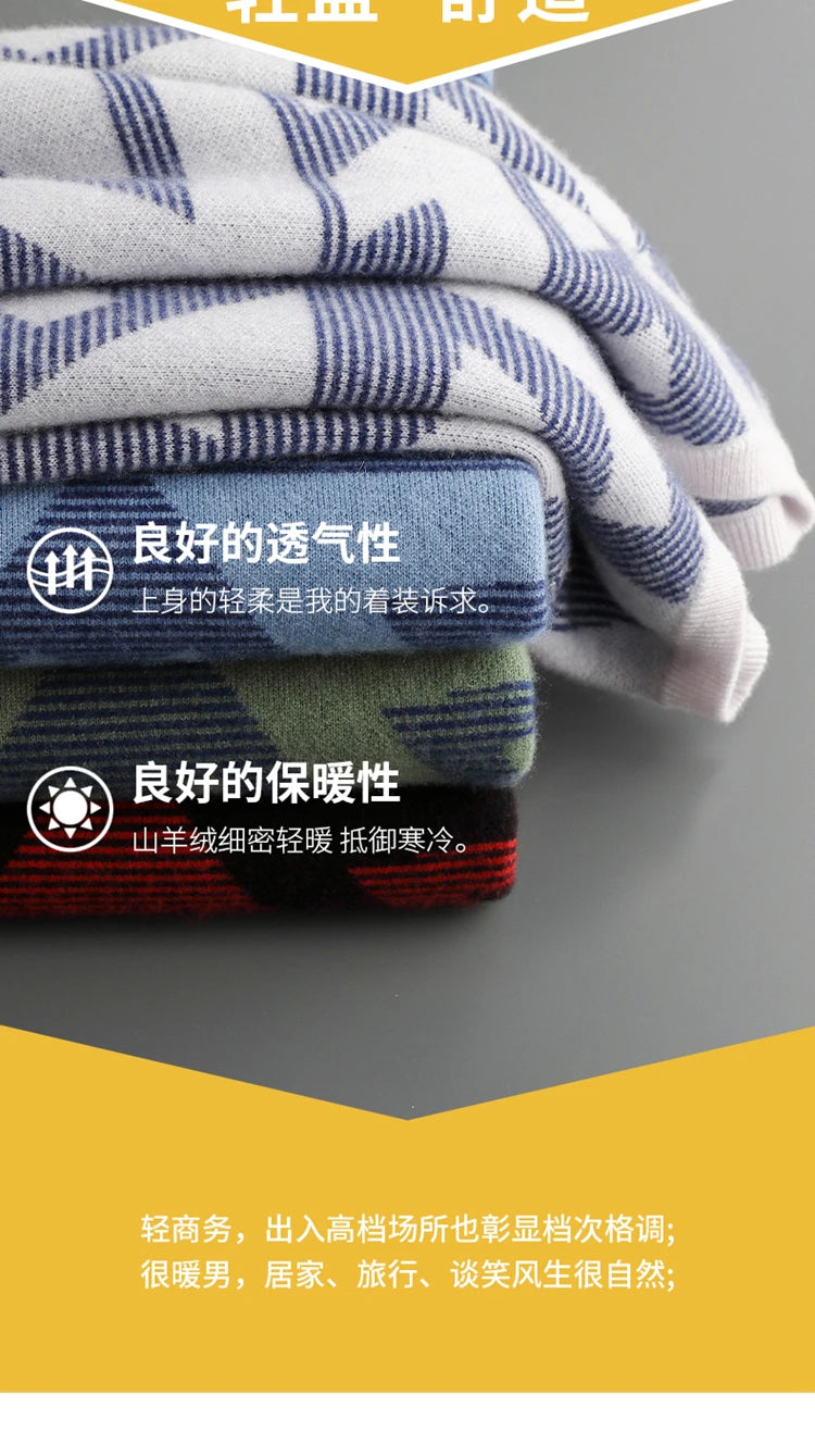 Men's Autumn Winter New 100% Cashmere O-Neck Sweater Fashion Knitted Jacquard Pullover Top Color blocked Thickened Men's Wear