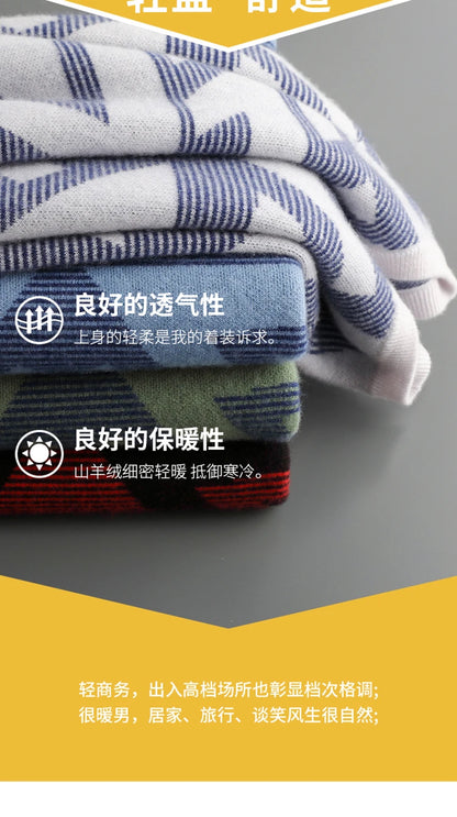 Men's Autumn Winter New 100% Cashmere O-Neck Sweater Fashion Knitted Jacquard Pullover Top Color blocked Thickened Men's Wear