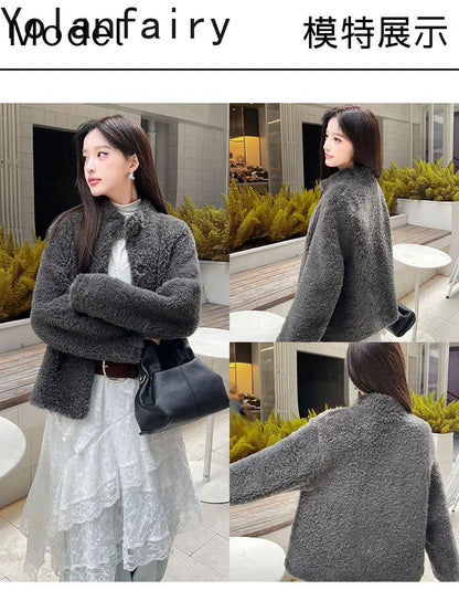 YOLANFAIRY 100% Genuine Leather Jacket Women Warm Natural Fur Coat Woman Winter Short Real Lamb White Fur Coats Jaqueta Feminina