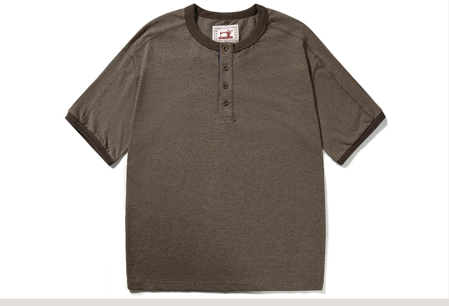 Men's American Retro T-shirt Heavyweight Loose Fit Short Sleeve Henry Collar Neutral Design Casual Loose Shirt
