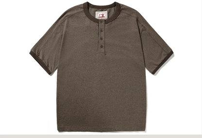 Men's American Retro T-shirt Heavyweight Loose Fit Short Sleeve Henry Collar Neutral Design Casual Loose Shirt