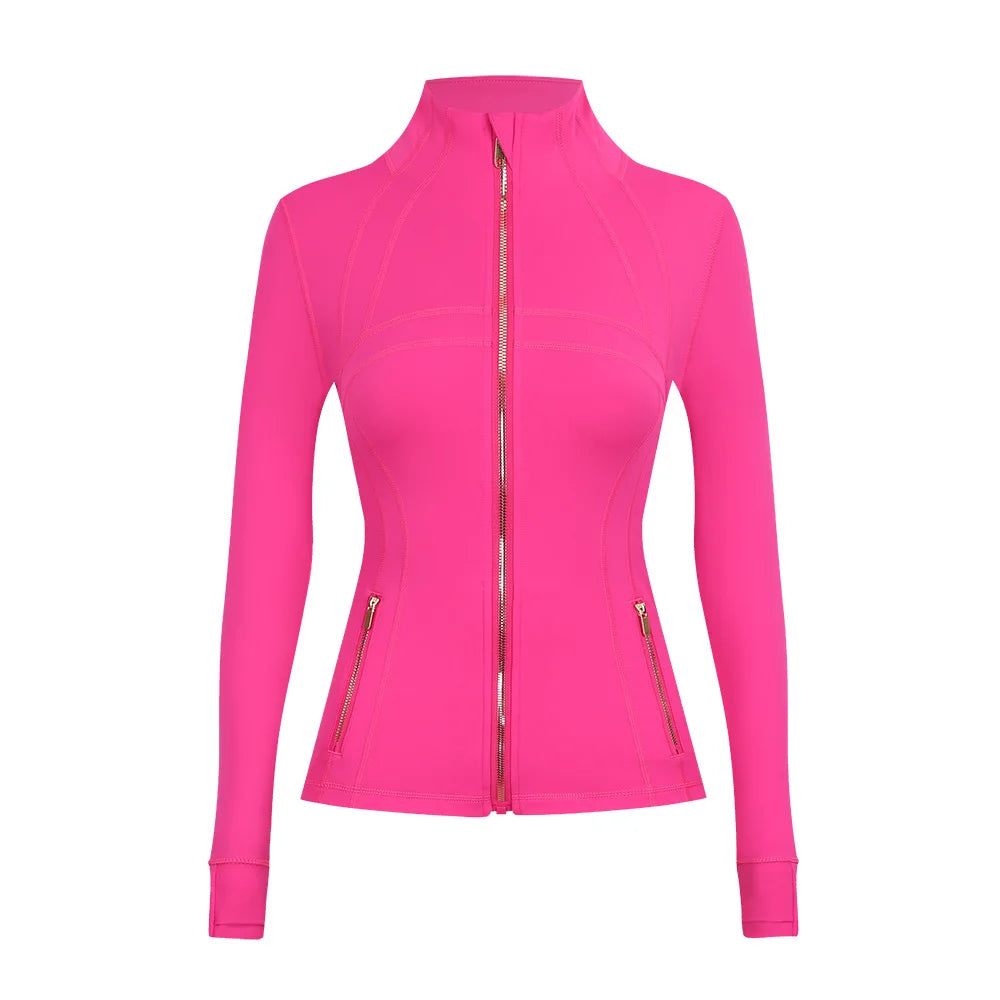 Personalized LOGO custom women's gold zip jacket tight stand-up collar quick-drying fitness running yoga suit 41-color S-3XL top