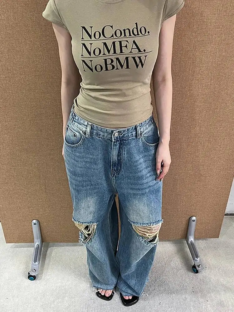 DEAT Fashion Ripped Straight Blue Jeans Women's High Waist Streetwear Denim Pants Summer New 7A4060