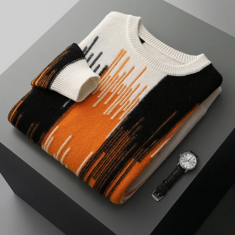 Men's 100% Merino Wool Color-Blocked O-Neck Sweater Long Sleeves Fashion Pullover Cashmere Loose Soft Warm Leisure Clothing Top