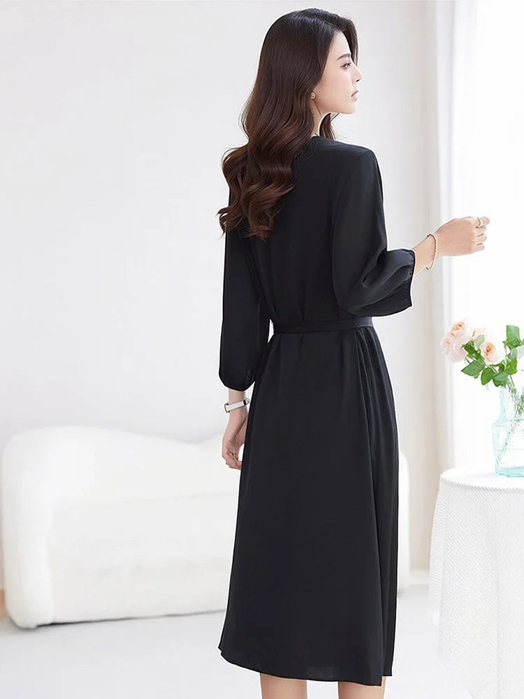 SuyaDream, Women Elegant Dresses, Real Silk, O Neck, 3/4 Sleeved, Black Mid Dress, 2026 Spring Summer Cloth