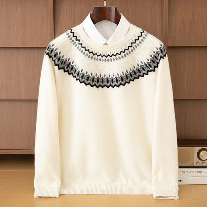 Autumn Winter 100%Wool Knit Pullover Men's O-Neck Color Block Sweater Jumper Fashion Thicken Loose Tops Clothing Warm Base Shirt