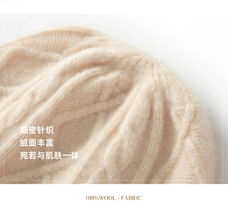 DjzDsm 100%Pure Wool Women's Hat For Winter Warm Soft Luxury Cashmere Twists Slouchy Street y2k Women's Hat