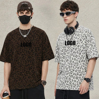 Custom LOGO men's new summer 240G cotton polyester American retro BOXY leopard print short-sleeved T-shirt casual loose top