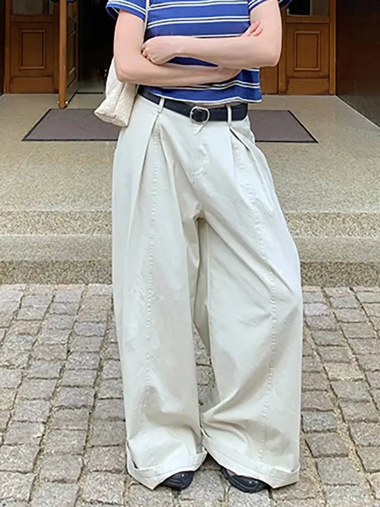 DEAT Fashion Pleated High Waisted Wide Leg Pants Women's Front Seam Straight Leg Beige Loose Trousers Summer New 7A4548