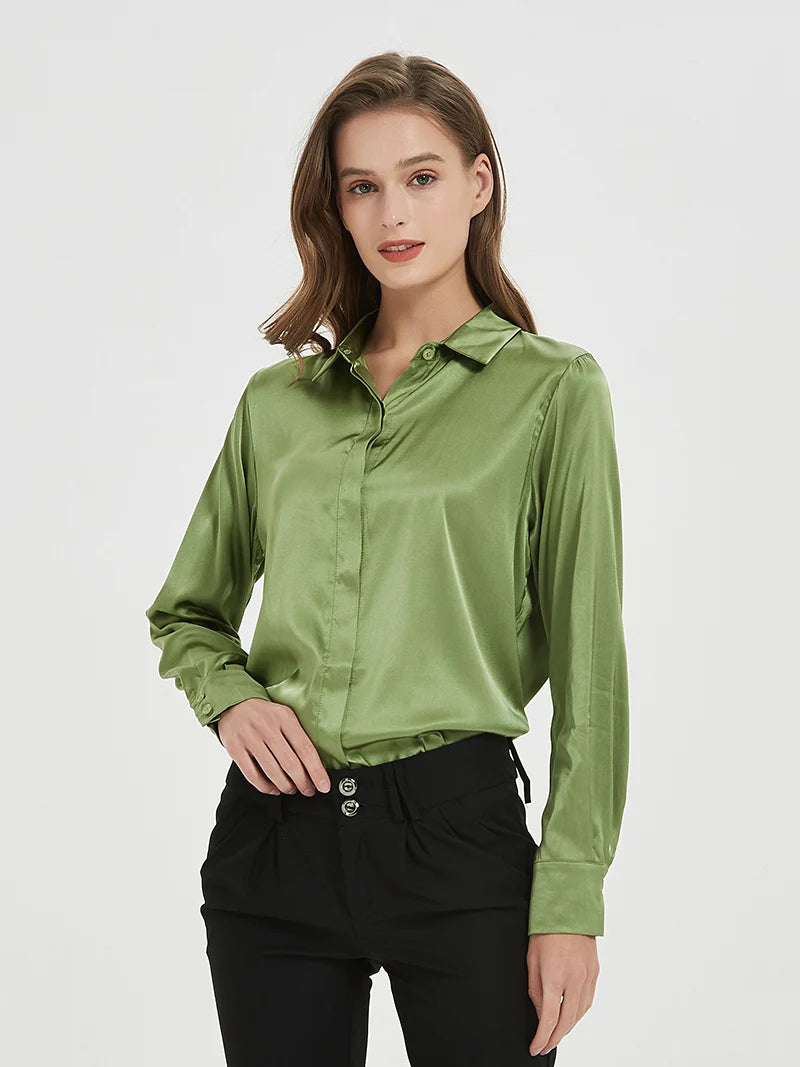 SuyaDream Woman Solid Shirts 93%Real Silk 7%Spandex Long Sleeves Chic Blouses, 2025 Spring Autumn Office Lady Top