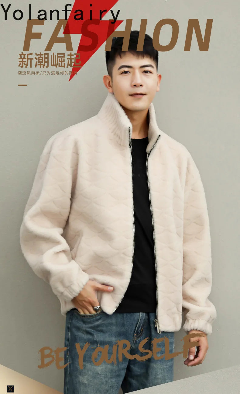 YOLANFAIRY Winter 100% Sheep Shearing Jacket Man Clothing Fashion Stand Collar Granular Lamb Fur Coat Men's Jackets chaqueta