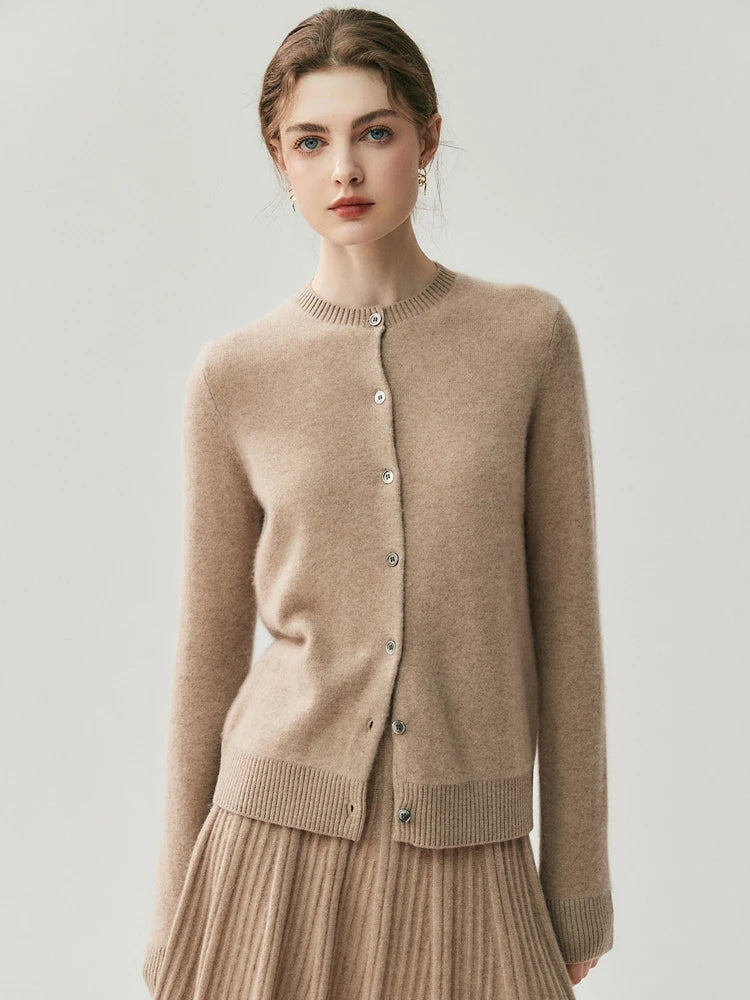 CHICUU Autumn Winter Women Thick O-neck Cardigan Basic Simple 100% Cashmere Sweater Solid Long Sleeve Cardigan Coat Knitwear